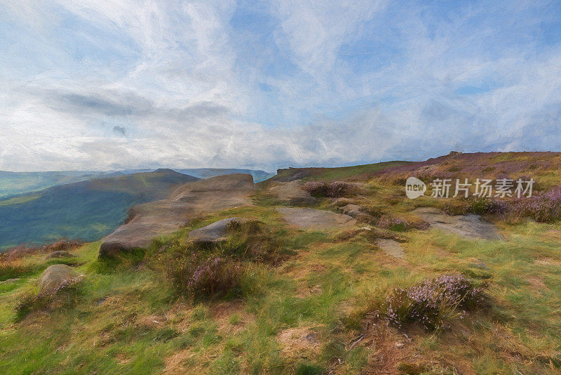 数字绘画的班福德边缘山顶区望向Win Hill与蓝色的天空，蓬松的云，和紫色的石南。